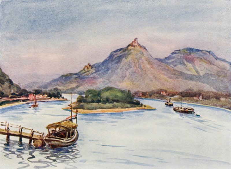 Rhinen: Drachenfels og Nonnenwerth fra Rolandseck (farvelitografi) af Effie Jardine