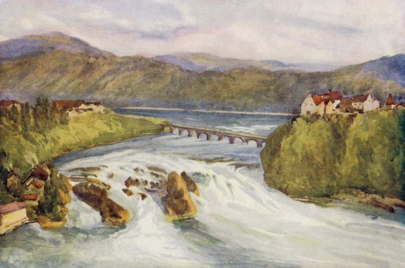 Rhinen: Rhinens vandfald, Schaffhausen (farvelitografi) af Effie Jardine