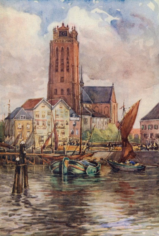 Rhinen: Groote Kerk, Dordrecht (farvelitografi) af Effie Jardine