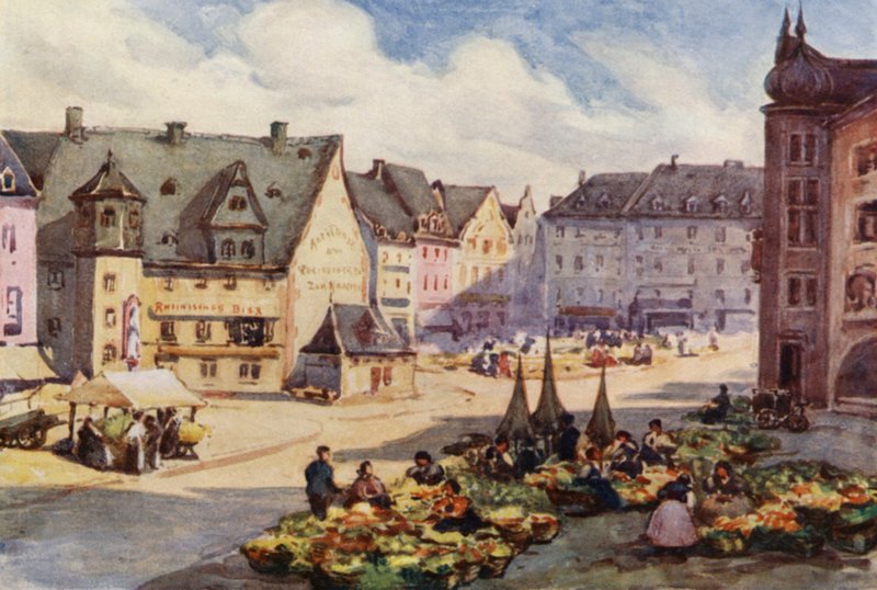 Rhinen: Markedspladsen, Mainz, Mayence (farvelitografi) af Effie Jardine