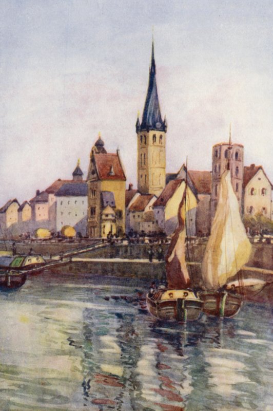 Rhinen: Kajen ved Düsseldorf (farvelitografi) af Effie Jardine
