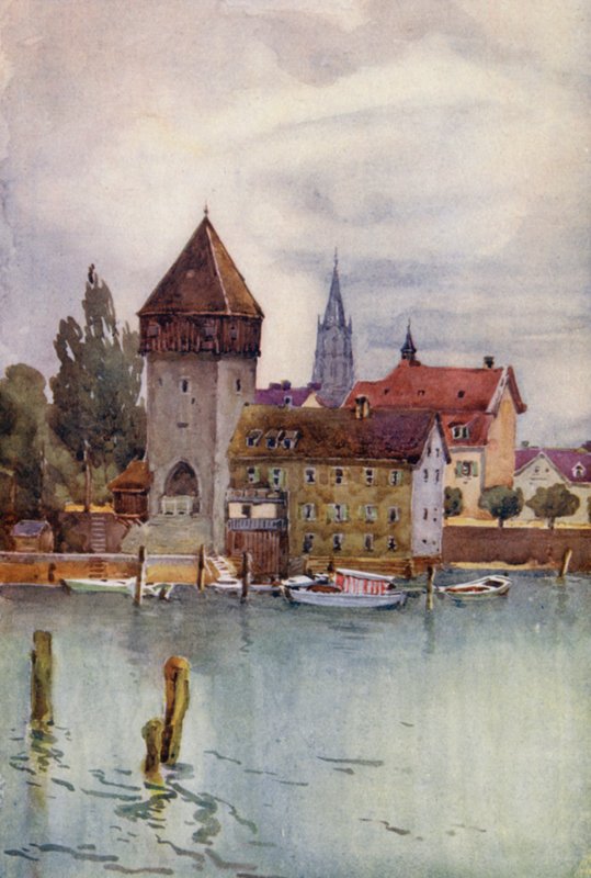 Rhinen: Rheinturm, Konstanz, Konstanz (farvelitografi) af Effie Jardine
