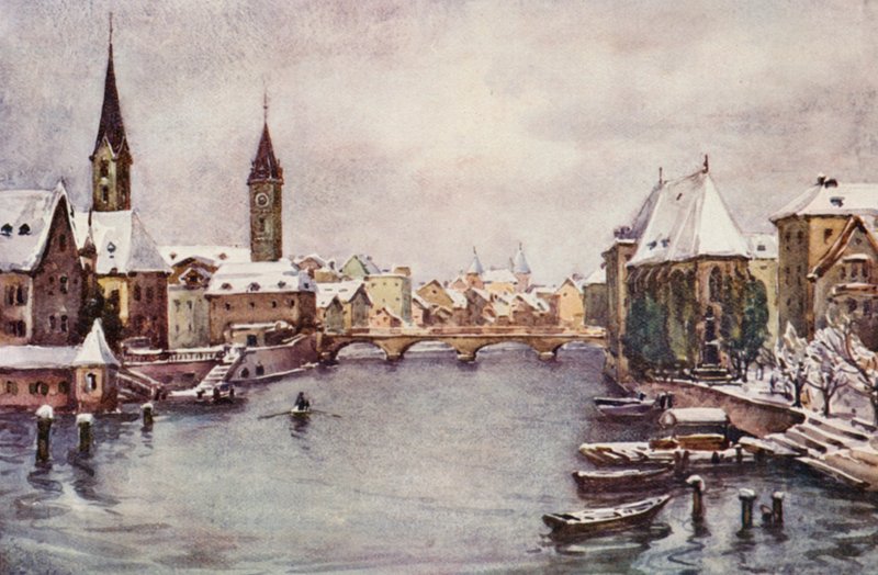 Rhinen: Floden ved Zürich, vinter (farvelitografi) af Effie Jardine