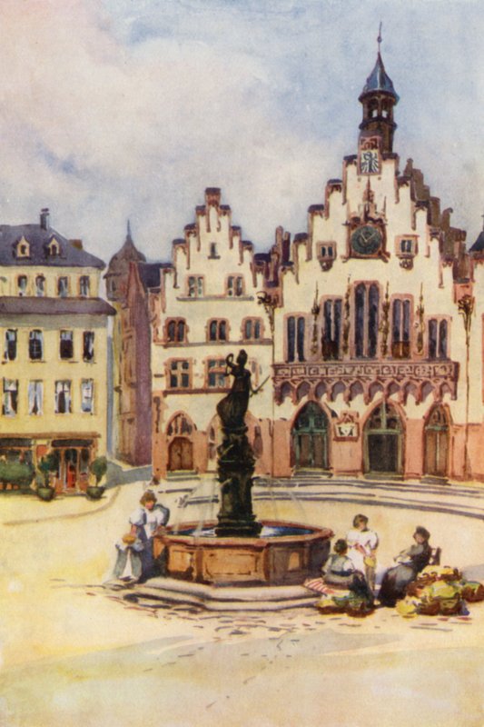 Rhinen: Romer, Frankfurt (farvelitografi) af Effie Jardine