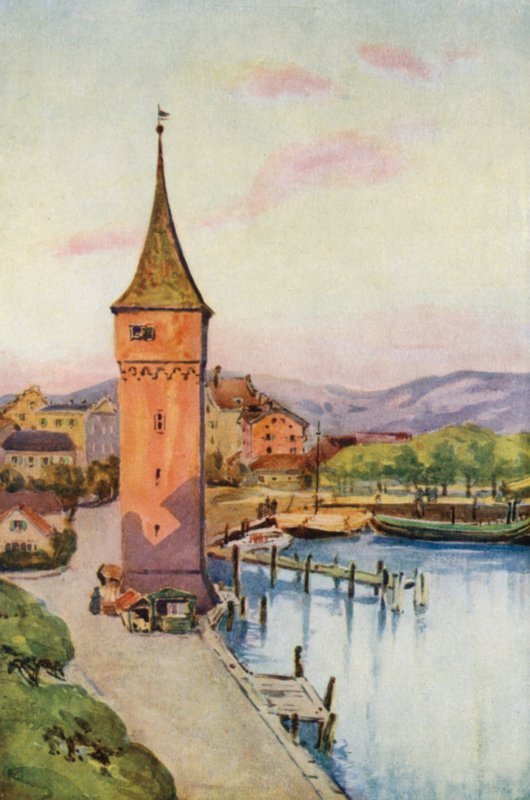 Rhinen: Tårnet i Lindau på Boden See, Konstanz-søen (farvelitografi) af Effie Jardine