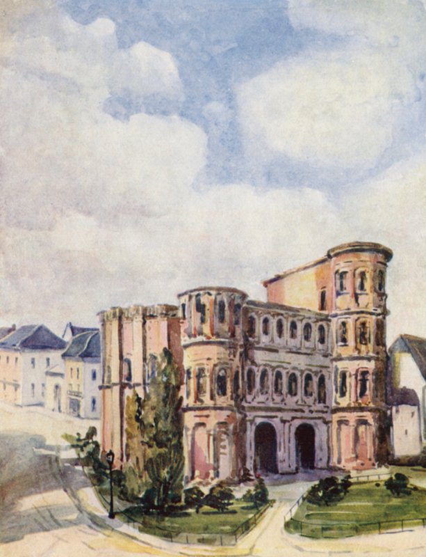 Rhinen: Trier, Porta Nigra (farvelitografi) af Effie Jardine