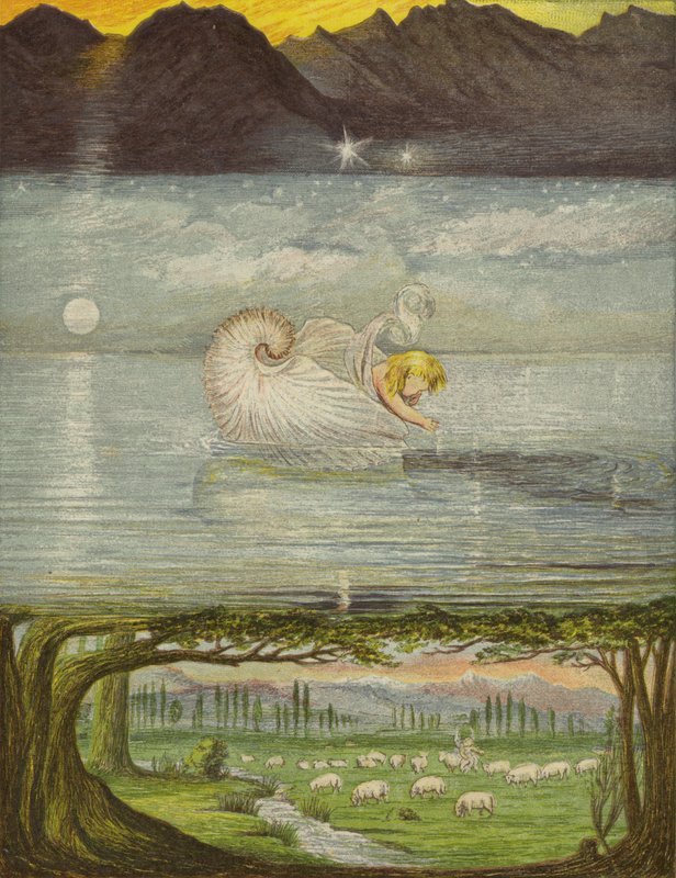 En gylden båd på et stort, fantastisk vand (farve litho) af Eleanor Fortescue Brickdale