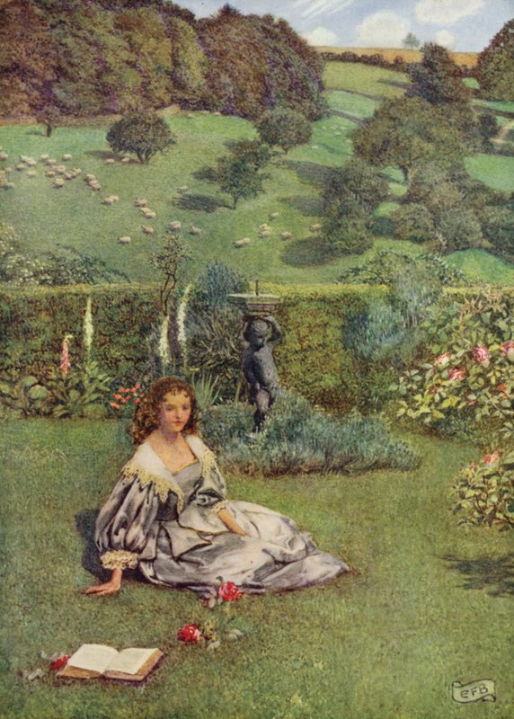 En rose så smuk som nogensinde så Norden vokse i en lille have helt alene (farve litho) af Eleanor Fortescue Brickdale