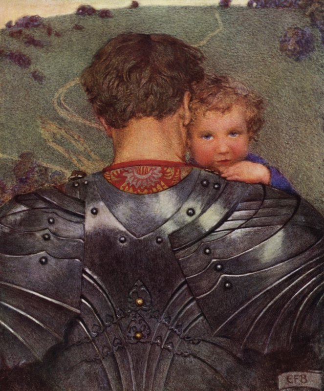 Selvom en løve på marken, et lam til gengæld skal du ham finde (farve litho) af Eleanor Fortescue Brickdale