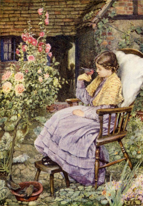 "Men hvad er fuglenes stemmer men ord, vores ord?" (farve litho) af Eleanor Fortescue Brickdale