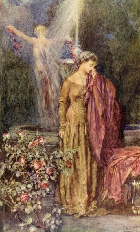 "Men hvem kan tage en drøm for en sandhed?" (farve litho) af Eleanor Fortescue Brickdale