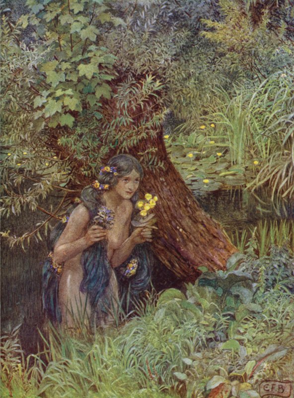 Med pæne, grønlige lokker, alt løst ubundet, Som hver havde været en brud (farve litho) af Eleanor Fortescue Brickdale
