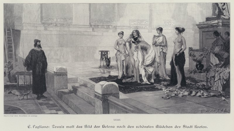 Den antikke græske kunstner Zeuxis vælger blandt de smukkeste kvinder i byen Crotone modellen til sit maleri af Helen af Troja (gravering) af Eleuterio Pagliano