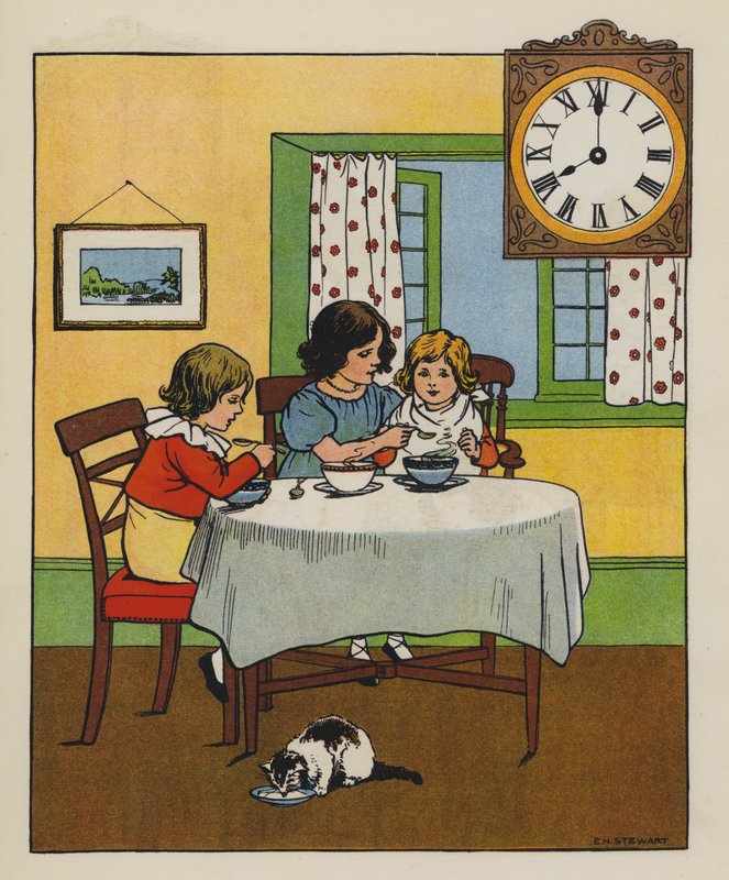 Morgenmad (farve litho) af Elise H. Stewart