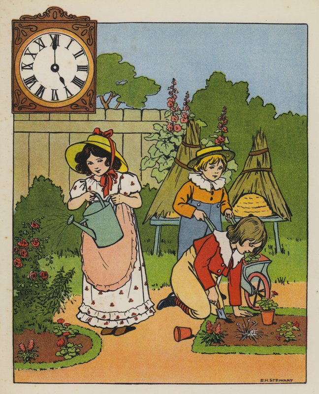 Havearbejde (farve litho) af Elise H. Stewart