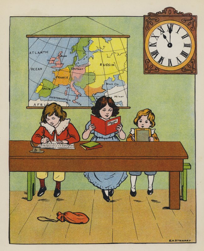 Lektionstid (farve litho) af Elise H. Stewart