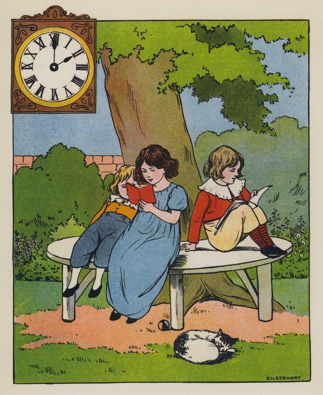 Læsetid (farve litho) af Elise H. Stewart