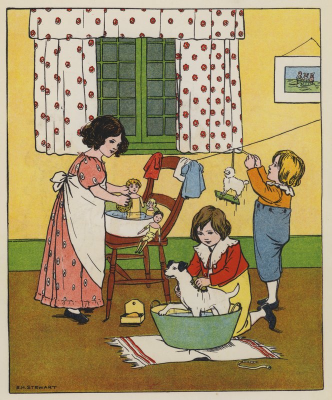 Lørdag, vasketid (farve litho) af Elise H. Stewart