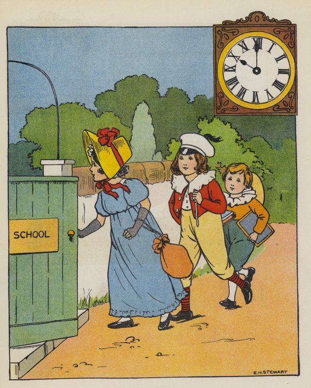 Skoletid (farve litho) af Elise H. Stewart