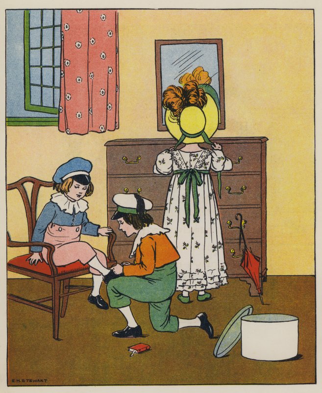 Søndag, påklædningstid (farve litho) af Elise H. Stewart