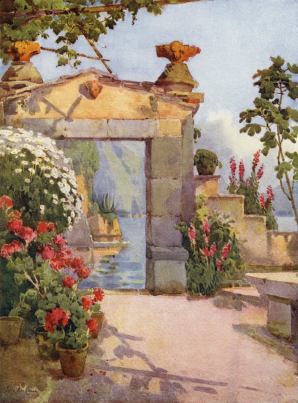 En døråbning ved Varenna, Comosøen (farve litho) af Ella Du Cane