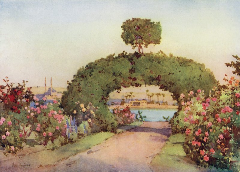 En rosenhave i Giza og udsigt over Kairo (farve litho) af Ella Du Cane