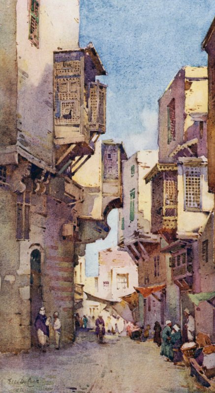 En gammel gade i Kairo (farve litho) af Ella Du Cane
