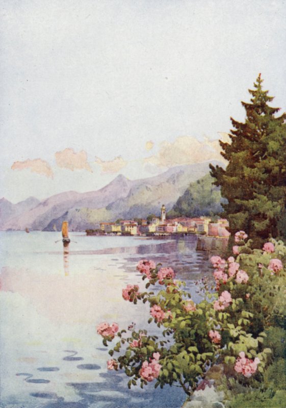 Bellagio fra Villa Melzi, Comosøen (farve litho) af Ella Du Cane