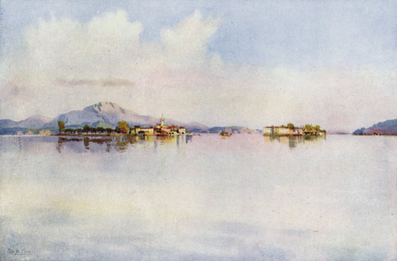 Isola Bella og Isola Pescatori, Lago Maggiore (farve litho) af Ella Du Cane