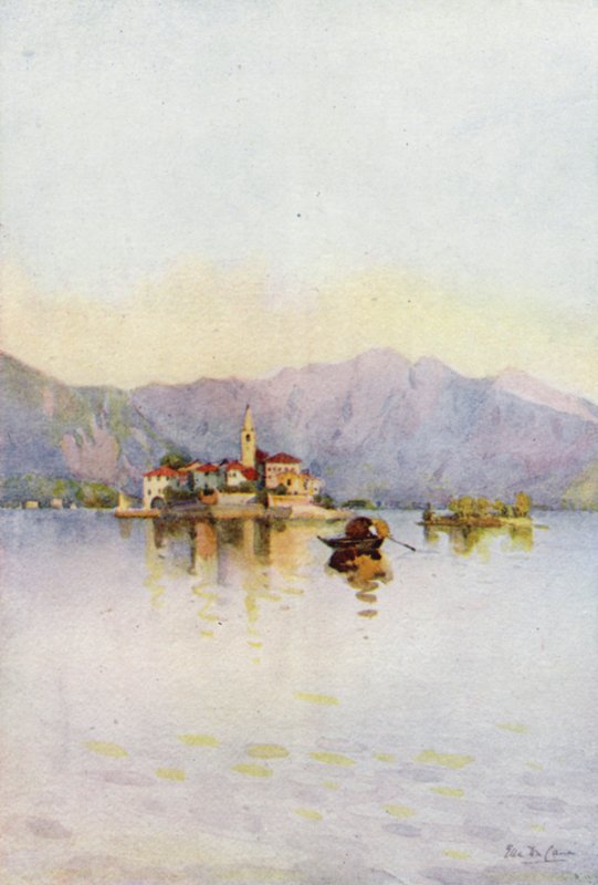Isola Pescatori og Sasso di Ferro, Lago Maggiore (farve litho) af Ella Du Cane