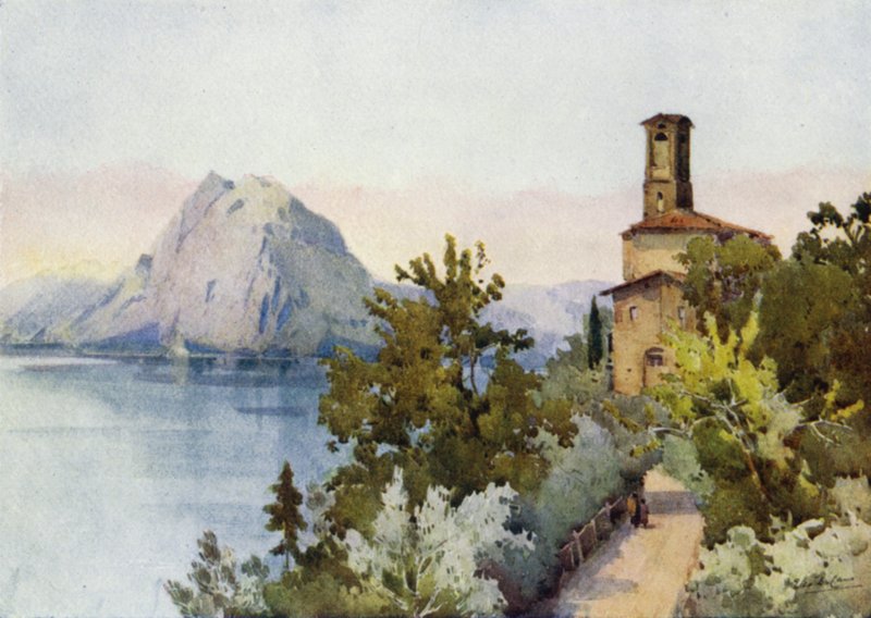 Monte San Salvatore, Luganosøen (farve litho) af Ella Du Cane