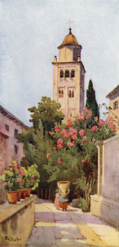 Campanile of San Giulio, Lake Orta (farve litho) af Ella Du Cane