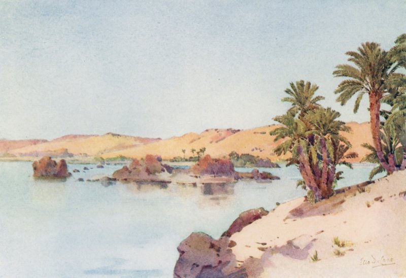 Kataraktbassinet fra Elephantine Island (farve litho) af Ella Du Cane