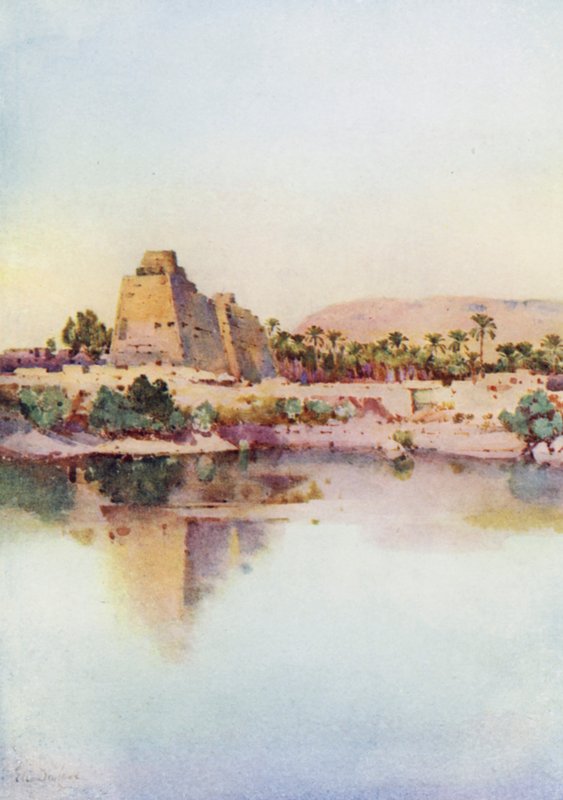 Hatshepset-pylonen ved Karnak, fra den hellige sø (farve litho) af Ella Du Cane