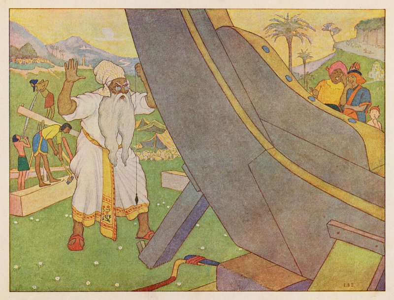 Noahs Ark: Bygning af arken (farvelitografi) af Elmer Boyd Smith