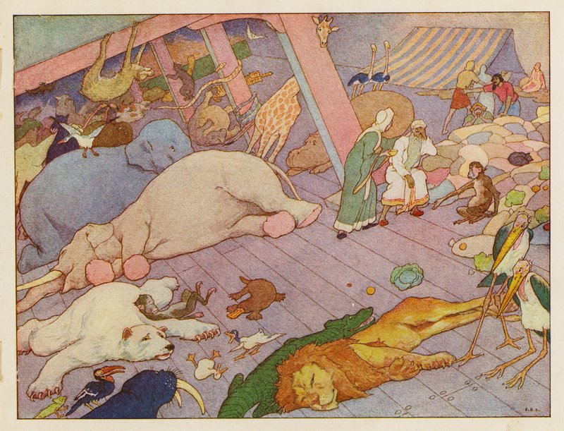 Noahs Ark: Inde i arken (farvelitografi) af Elmer Boyd Smith