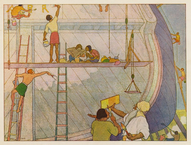 Noahs ark: Maling af arken (farvelitografi) af Elmer Boyd Smith