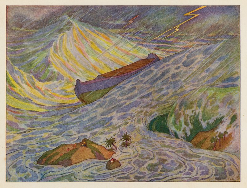 Noahs Ark: Syndfloden (farvelitografi) af Elmer Boyd Smith