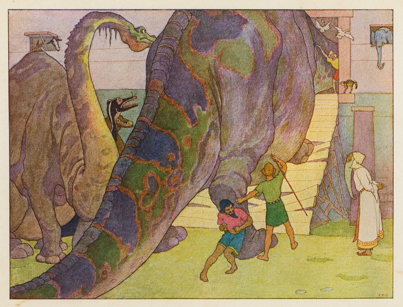 Noahs Ark: Dinosaurernes dilemma (farvelitografi) af Elmer Boyd Smith