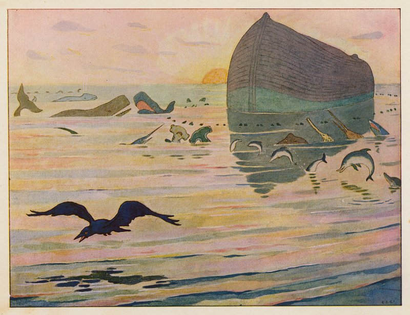 Noahs Ark: Ravnen sendes ud (farvelitografi) af Elmer Boyd Smith