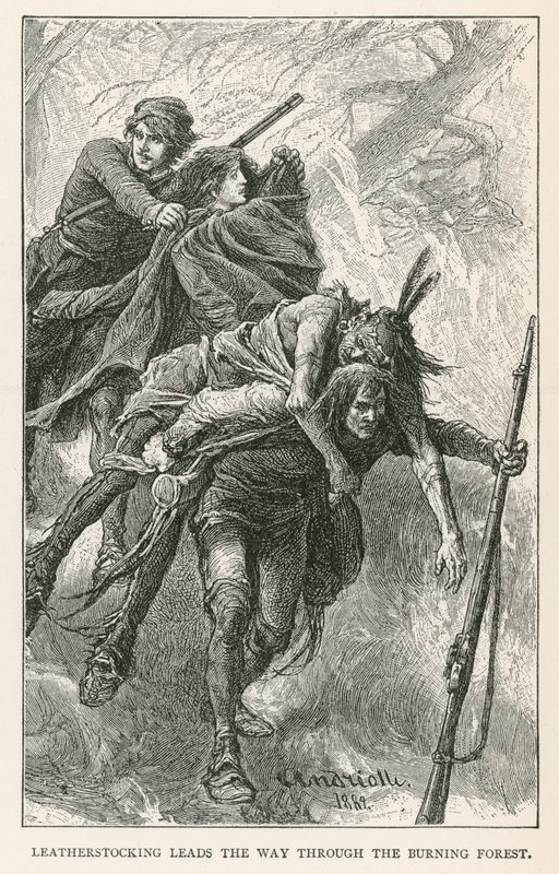 Læderstrømpe viser vej gennem den brændende skov (kobberstik) af Elviro Michael Andriolli