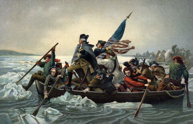 George Washington krydser Delaware under den amerikanske uafhængighedskrig, 25. december 1776 (chromolitho) af Emanuel Gottlieb (after) Leutze