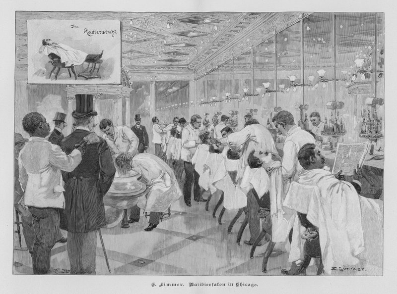 Barbershop i Chicago, Illinois, USA (gravering) af Emil (after) Limmer