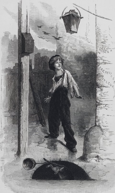 Scene fra Les Miserables, af Victor Hugo: Gavroche (gravering) af Emile Antoine (after) Bayard