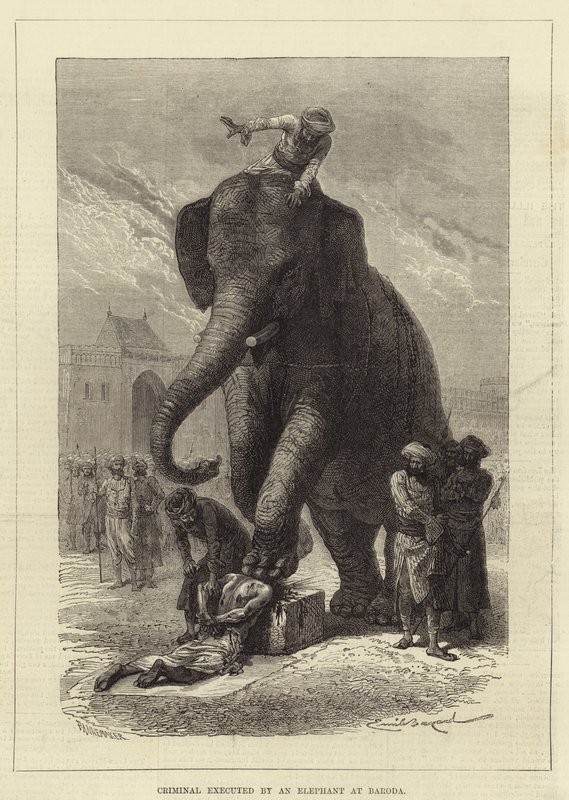 Forbryder henrettet af en elefant ved Baroda af Emile Antoine Bayard