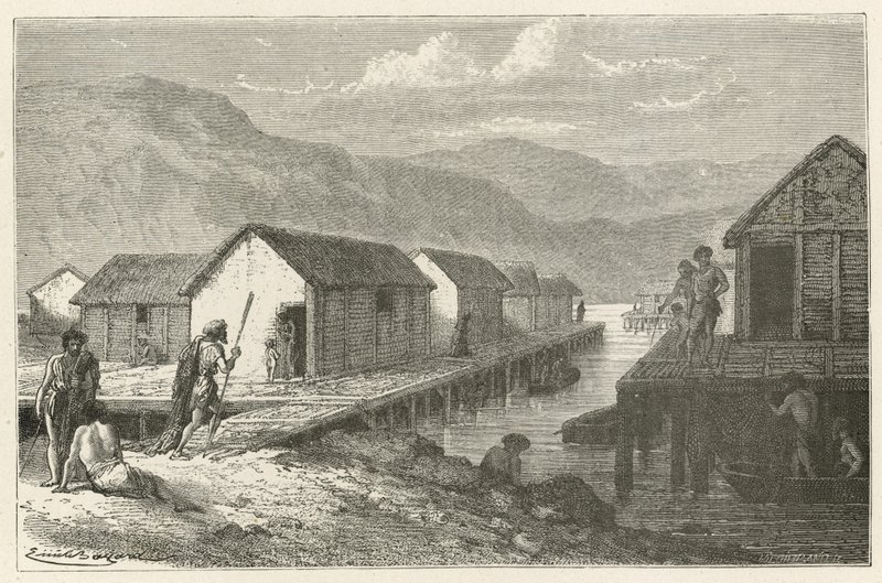 En landsby ved søen i Schweiz under bronzealderen af Emile Antoine Bayard