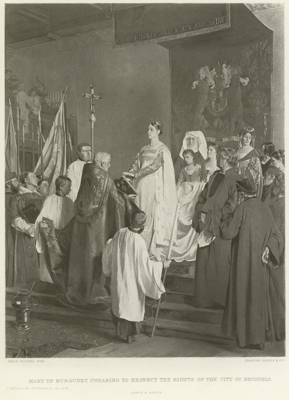Maria af Bourgogne sværger at respektere Bruxelles bys rettigheder (dybtryk) af Emile Charles Wauters