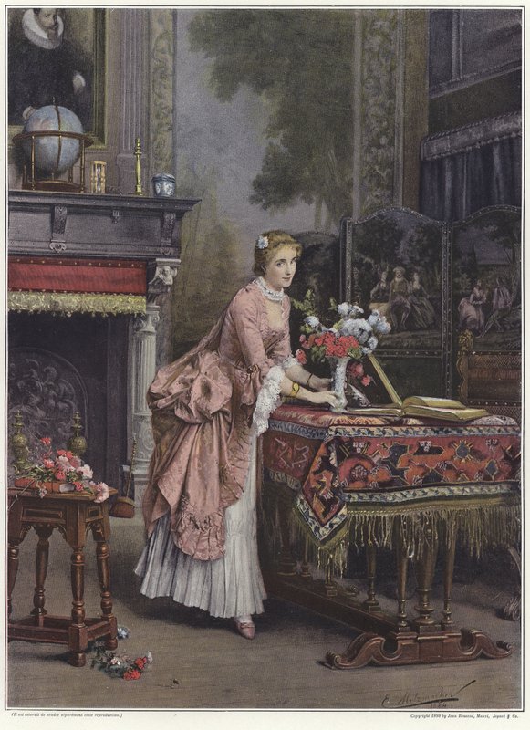 En kvinde placerer en vase med blomster på et bord af Emile Pierre Metzmacher