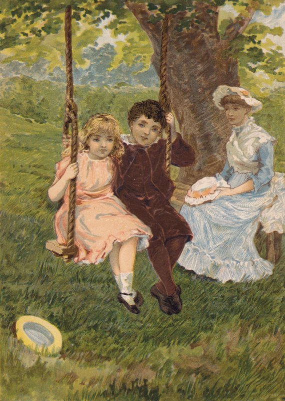 Dreng og pige sidder på en gynge (chromolitho) af Emily Jane Harding Andrews
