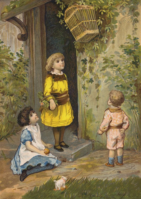 Børn beundrer en hængende kurv (chromolitho) af Emily Jane Harding Andrews